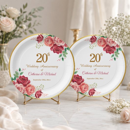 結婚20周年記念 ゴールドフレームと花 ペーパープレート