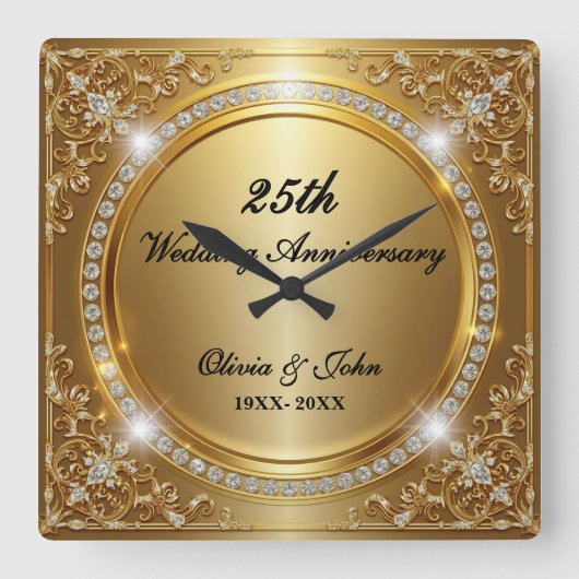 結婚25周年記念ダイヤモンドとゴールドのギフト スクエア壁時計 (正面)