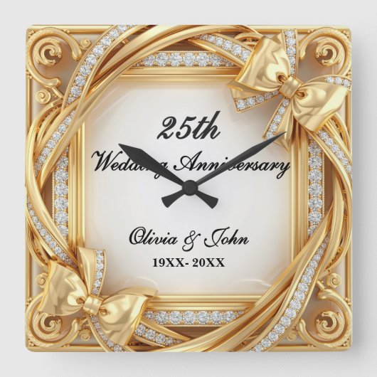 結婚25周年記念ダイヤモンドと金のギフト スクエア壁時計 (正面)