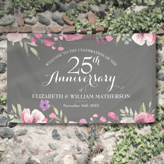 結婚25周年記念 ウォーターカラーのバラのウェルカム 横断幕