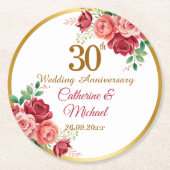 結婚30周年記念 ゴールドフレームと花 ラウンドペーパーコースター (正面)
