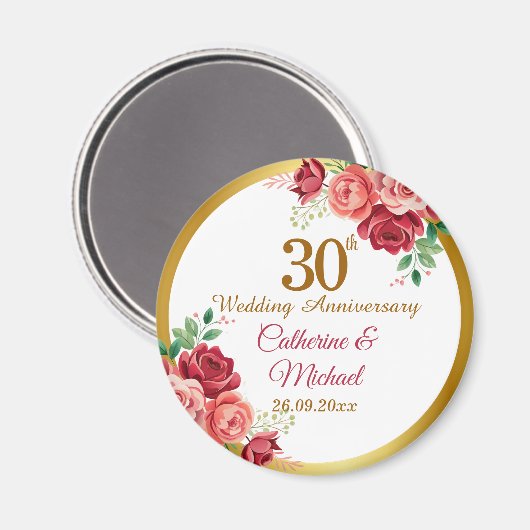 結婚30周年記念 ゴールドフレーム フラワー マグネット (正面/裏面)