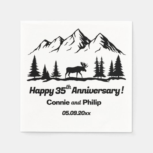結婚35周年記念の山とヘラジカ スタンダードカクテルナプキン (正面)