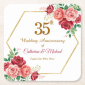 結婚35周年記念 ゴールドフレームと花 スクエアペーパーコースター (正面)
