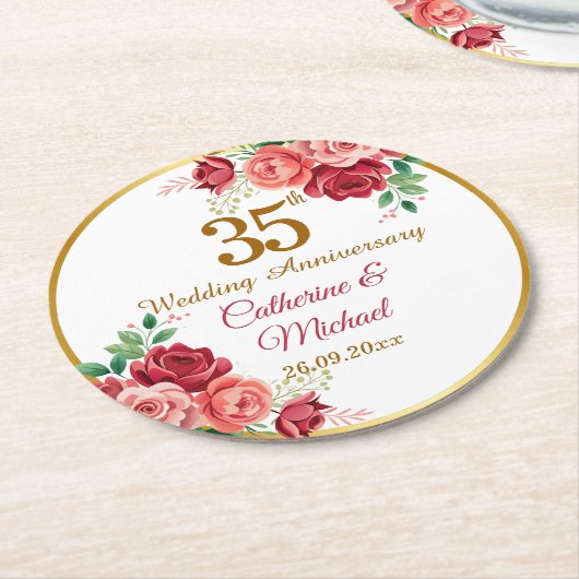 結婚35周年記念 ゴールドフレームと花 ラウンドペーパーコースター (アングル)