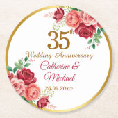結婚35周年記念 ゴールドフレームと花 ラウンドペーパーコースター (正面)