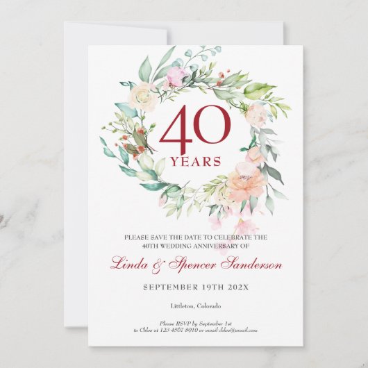 結婚40周年記念の大切な日を忘れないようにと伝える可憐なフラワーデザイン 招待状 (正面)