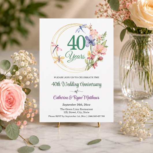 結婚40周年記念 ゴールドフレームと花 招待状