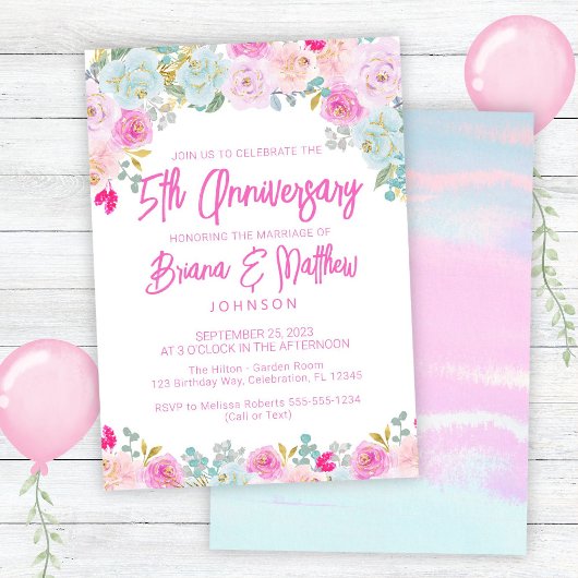 結婚5周年記念 ピンク ブルー フローラル 招待状