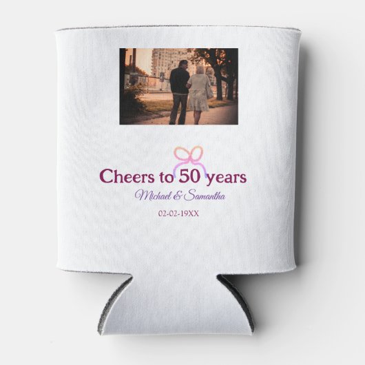 結婚50周年記念お祝いピンクのリボン 缶クーラー (正面)
