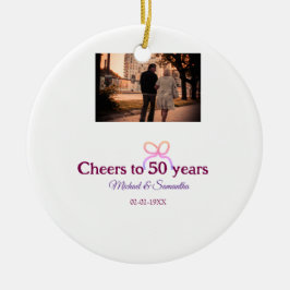 結婚50周年記念にピンクのリボンで乾杯 セラミックオーナメント