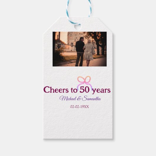結婚50周年記念のピンクのリボン ギフトタグ (正面)