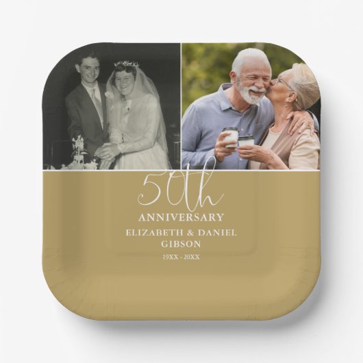 結婚50周年記念のThen+And+Now 2枚の写真 ペーパープレート (正面)