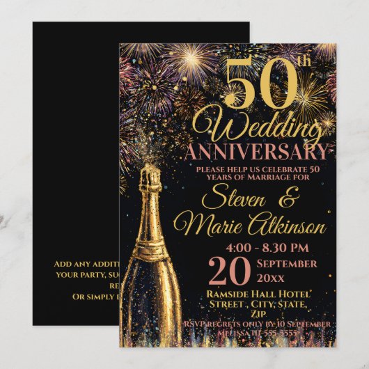 結婚50周年記念パーティーのシャンパン祝賀 招待状 (正面/裏面)