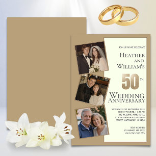 結婚50周年記念パーティー ゴールド 3枚写真 招待状