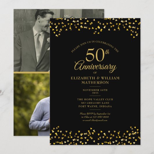 結婚50周年記念ラブハート2枚の写真 招待状 (正面/裏面)