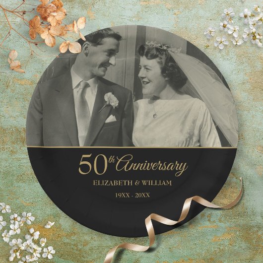 結婚50周年記念 ゴールド ブラック フォト ペーパープレート