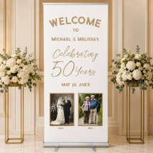 結婚50周年記念  豪華な象牙色とゴールドの昔と今のフォト