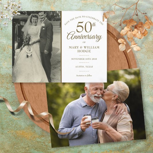 結婚50周年記念 2枚の写真のSave The Date 案内ポストカード