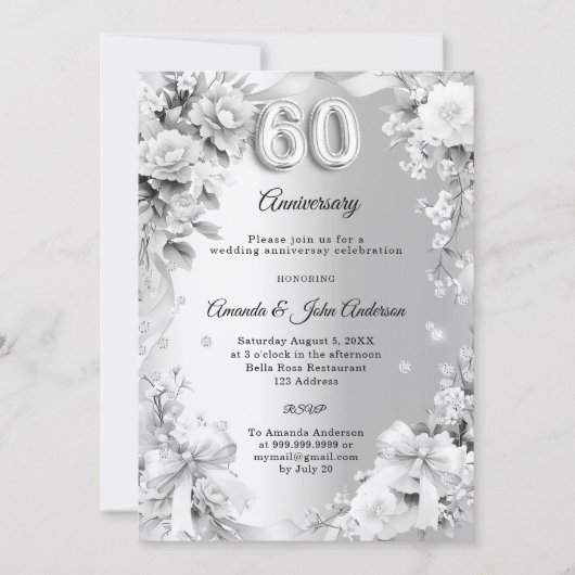 結婚60周年記念シルバーフローラルリボン写真 招待状 (正面)