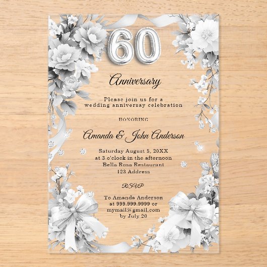 結婚60周年記念シルバーフローラルリボン アクリル招待状 (正面)