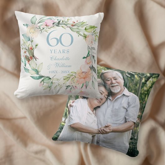 結婚60周年記念フォトバラ水彩画 クッション
