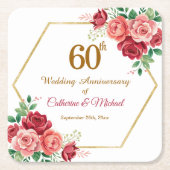 結婚60周年記念 ゴールドフレームと花 スクエアペーパーコースター (正面)