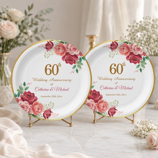 結婚60周年記念 ゴールドフレームと花 ペーパープレート