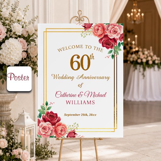 結婚60周年記念 ゴールドフレームと花 ポスター