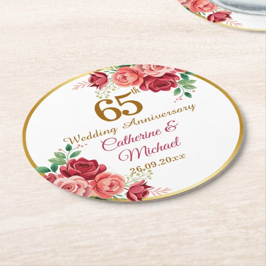 結婚65周年記念 ゴールドフレームと花 ラウンドペーパーコースター (アングル)