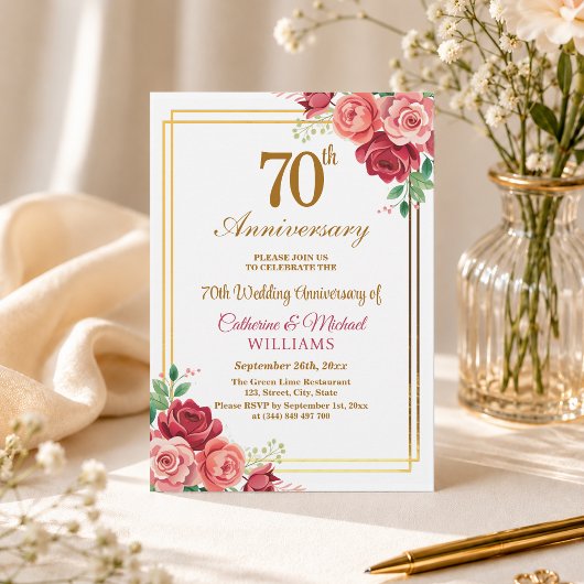 結婚70周年記念 ゴールドフレームと花 招待状