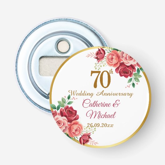 結婚70周年記念 ゴールドフレームと花 栓抜き (正面)