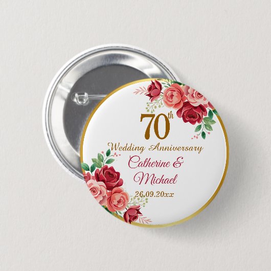 結婚70周年記念 ゴールドフレームと花 缶バッジ (正面&裏面)