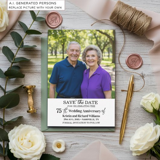 結婚75周年記念の写真入り事前お知らせ ノートカード