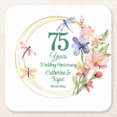 結婚75周年記念 ゴールドフレームと花 スクエアペーパーコースター (正面)
