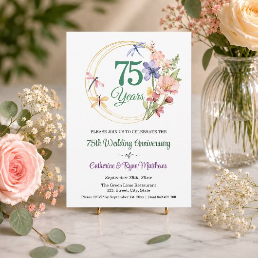 結婚75周年記念 ゴールドフレーム フラワー 招待状