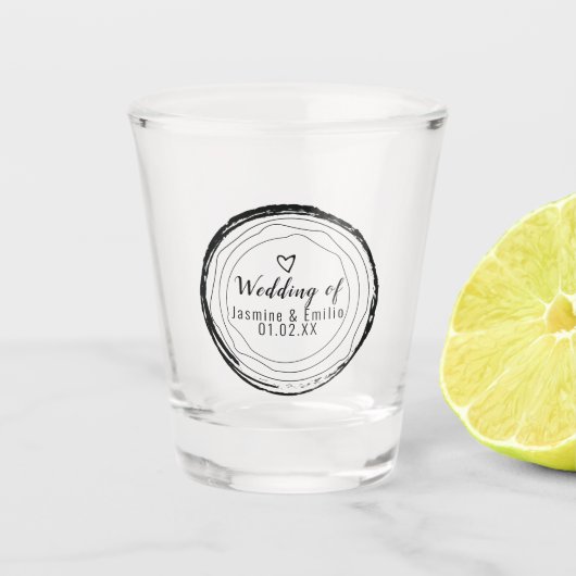 結婚 ブラック リング ハート ウッド グレイン カップル ショットグラス (正面)