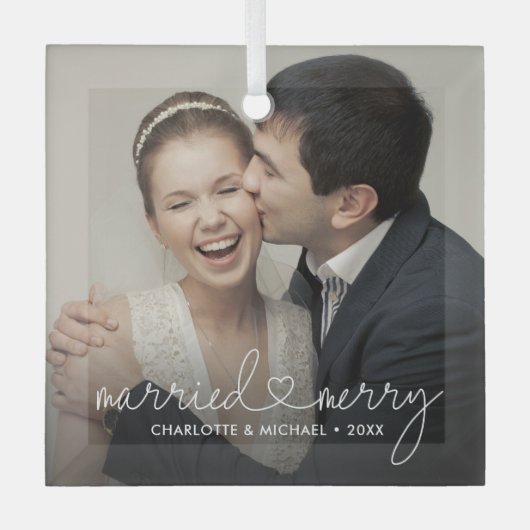 「結婚&メリー」モダンカスタムウェディング ガラスオーナメント (正面)