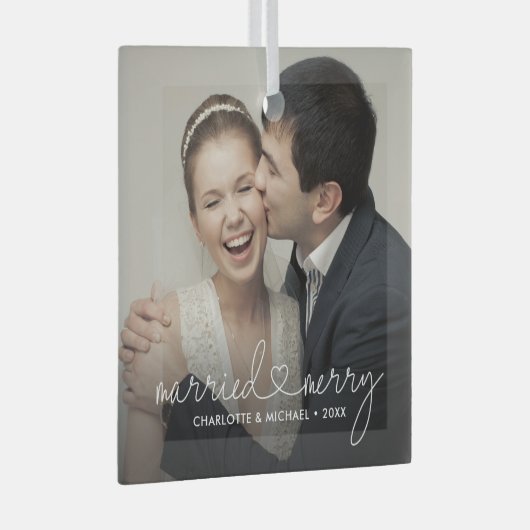 「結婚&メリー」モダンカスタムウェディング ガラスオーナメント (正面右)