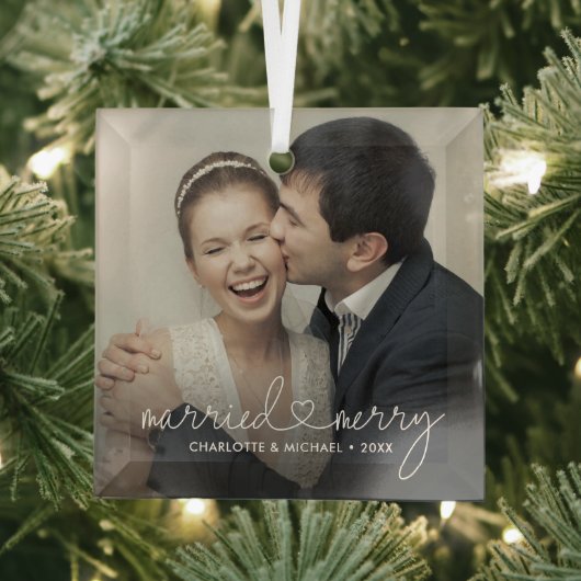 「結婚&メリー」モダンカスタムウェディング ガラスオーナメント (インサイチュ)
