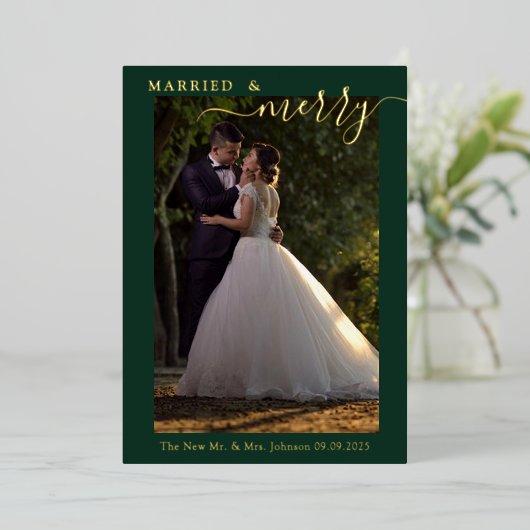 結婚＆楽しいカップルの初めてのクリスマス写真 ゴールド 箔シーズンカード (立ち正面)
