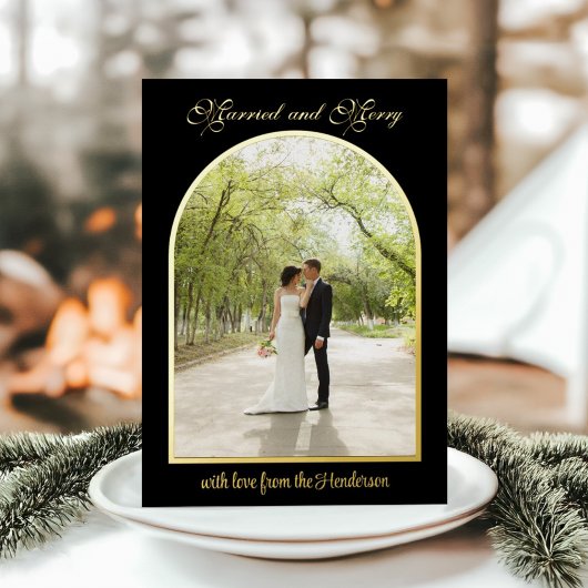 結婚＆楽しいゴールドアーチのクリスマスホリデー写真 箔シーズンカード