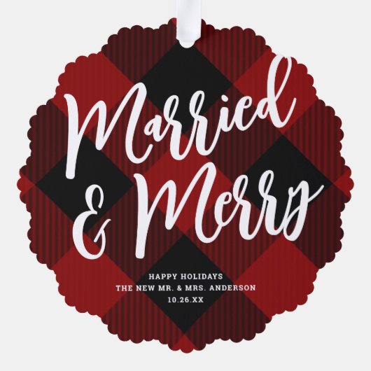 結婚&楽しい台本 赤い格子縞の写真 クリスマス オーナメントカード (裏面)