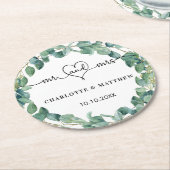 結婚eucalyptus white mr mrsハート ラウンドペーパーコースター (アングル)