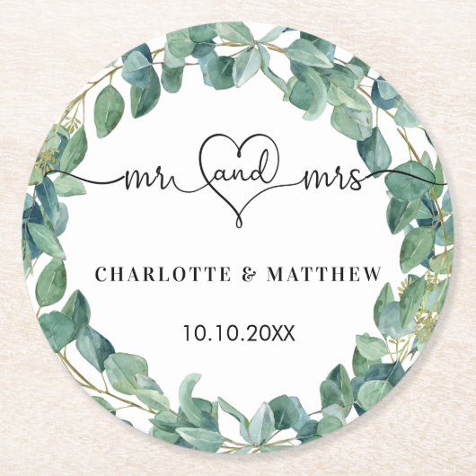 結婚eucalyptus white mr mrsハート ラウンドペーパーコースター (正面)