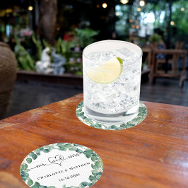結婚eucalyptus white mr mrsハート ラウンドペーパーコースター