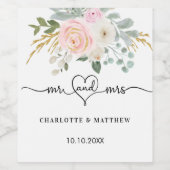 結婚mr mrsハート赤面花模様スクリプト ワインラベル (シングルラベル)