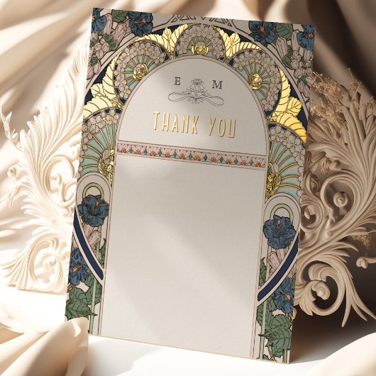 結婚s Thank Youヴィンテージアールヌーボーバイミュシャ 箔シーズンポストカード