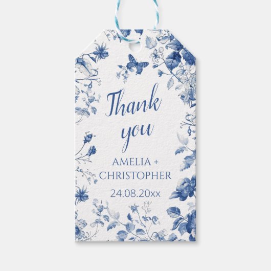 結婚s thank you giftラベル青ヴィンテージ花 ギフトタグ (正面)