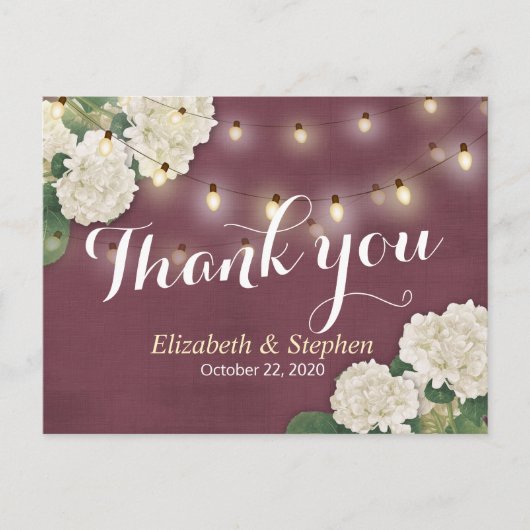 結婚s Thank You Hydrangea String Lights Burgundy ポストカード (正面)